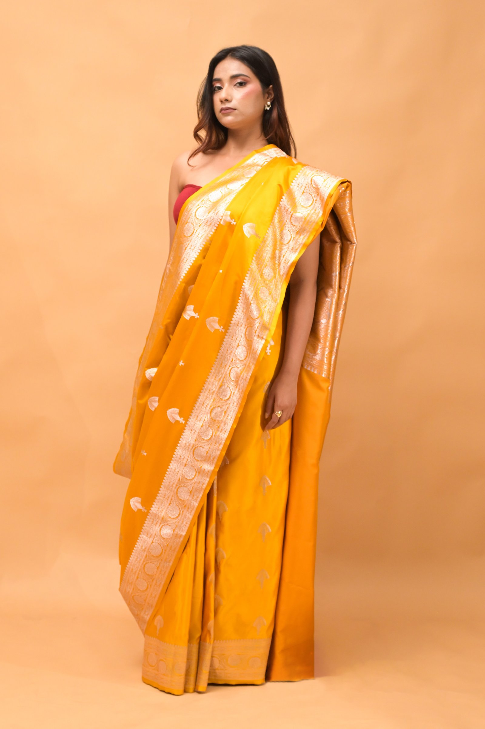 Musturd Yellow Mashroom Buta Silk Banarasi katan Saree
